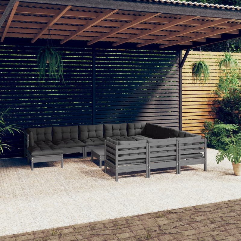 12 Piece Garden Lounge Set with Cushions Grey Pinewood