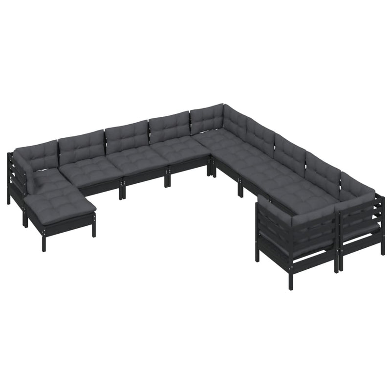 11 Piece Garden Lounge Set with Cushions Black Pinewood