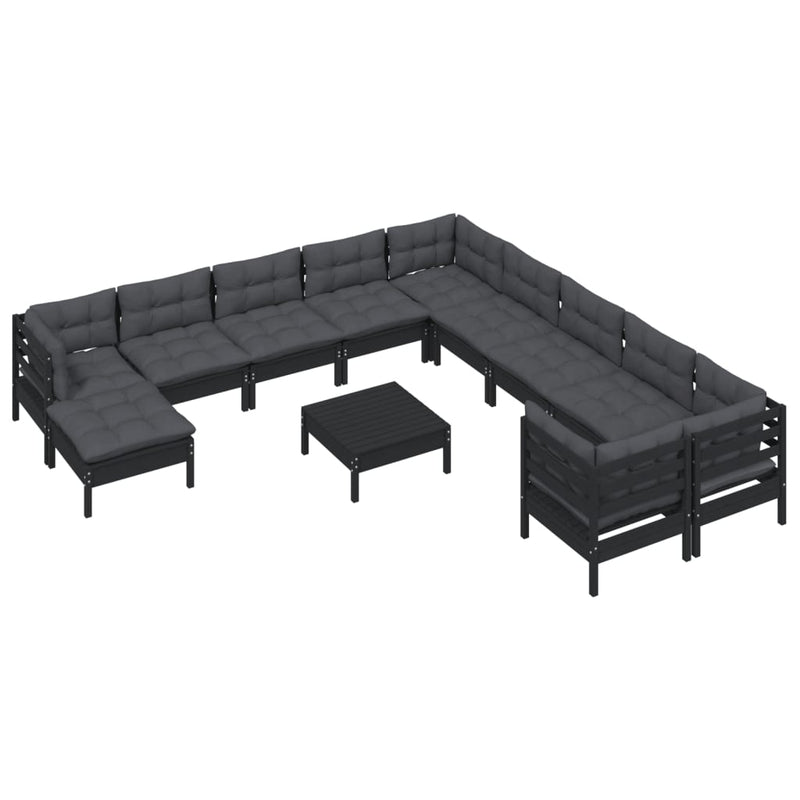 12 Piece Garden Lounge Set with Cushions Black Pinewood