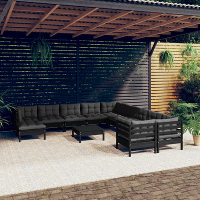 12 Piece Garden Lounge Set with Cushions Black Pinewood