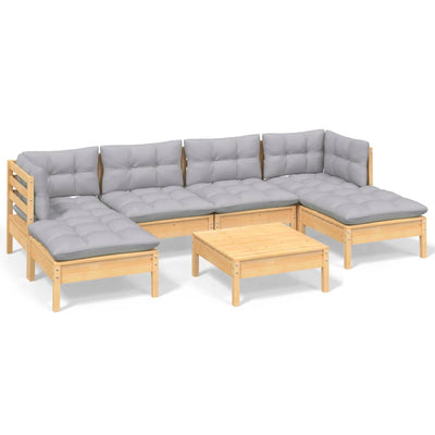 7 Piece Garden Lounge Set with Grey Cushions Pinewood