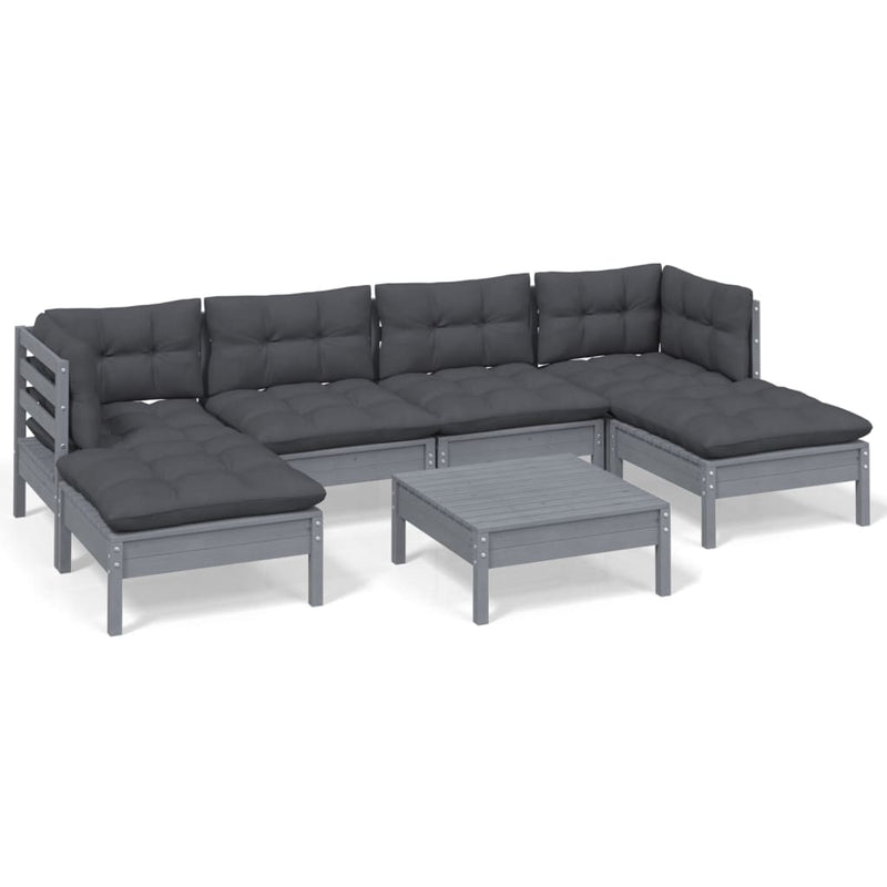 7 Piece Garden Lounge Set with Cushions Grey Pinewood