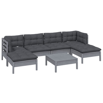 7 Piece Garden Lounge Set with Cushions Grey Pinewood