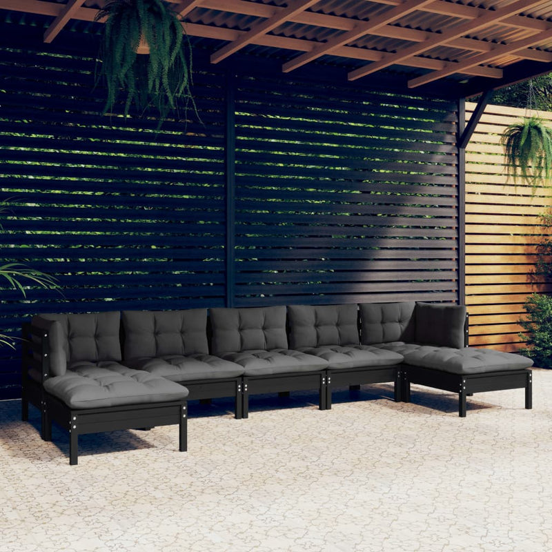 7 Piece Garden Lounge Set with Cushions Black Pinewood