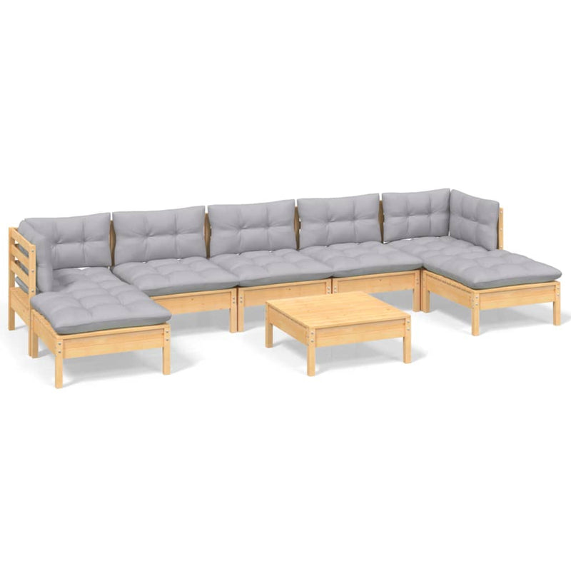 8 Piece Garden Lounge Set with Grey Cushions Pinewood