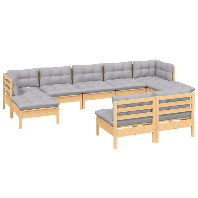 9 Piece Garden Lounge Set with Grey Cushions Pinewood