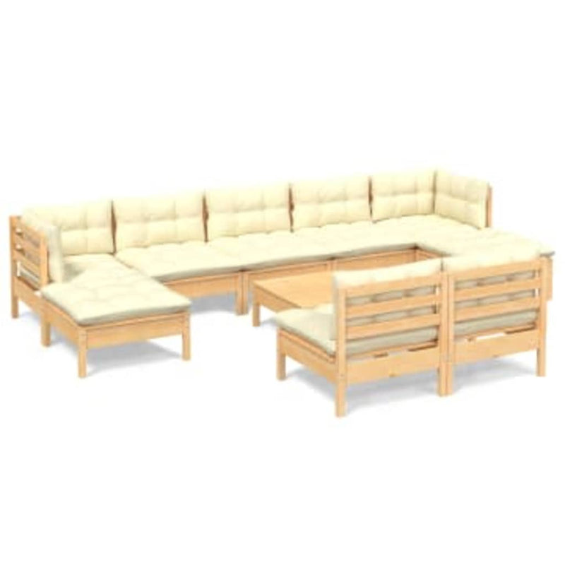 10 Piece Garden Lounge Set with Cream Cushions Pinewood