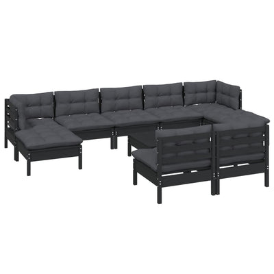 10 Piece Garden Lounge Set with Cushions Black Pinewood