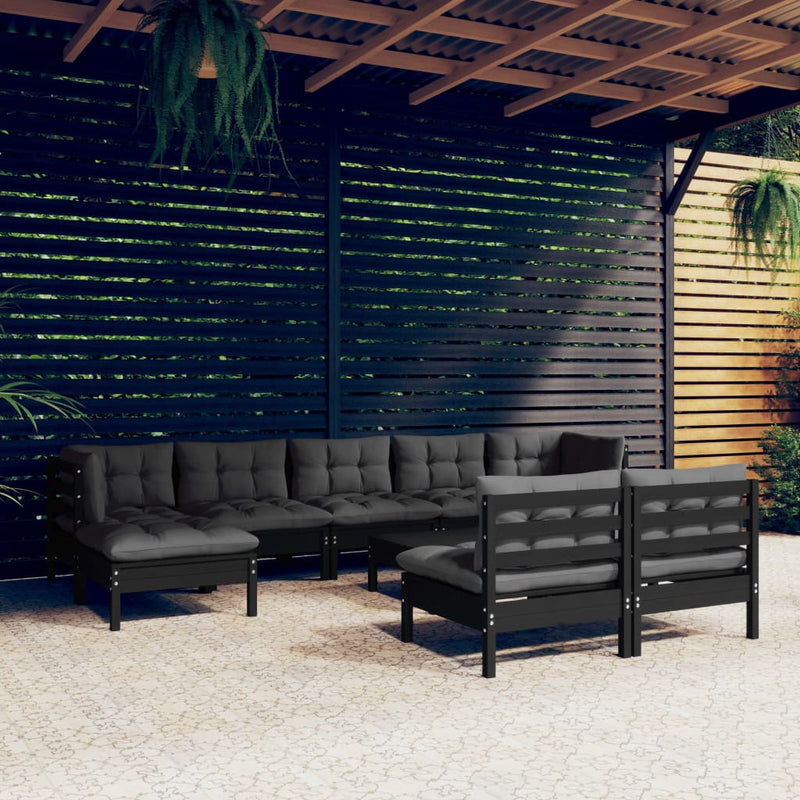 10 Piece Garden Lounge Set with Cushions Black Pinewood