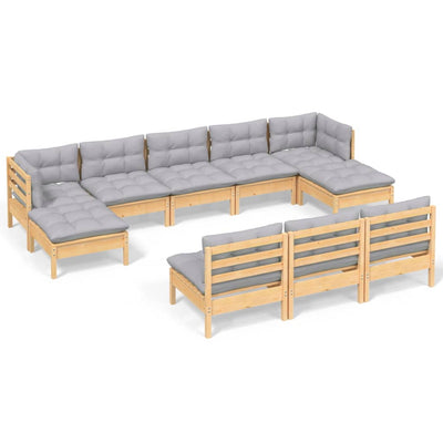 10 Piece Garden Lounge Set with Grey Cushions Pinewood