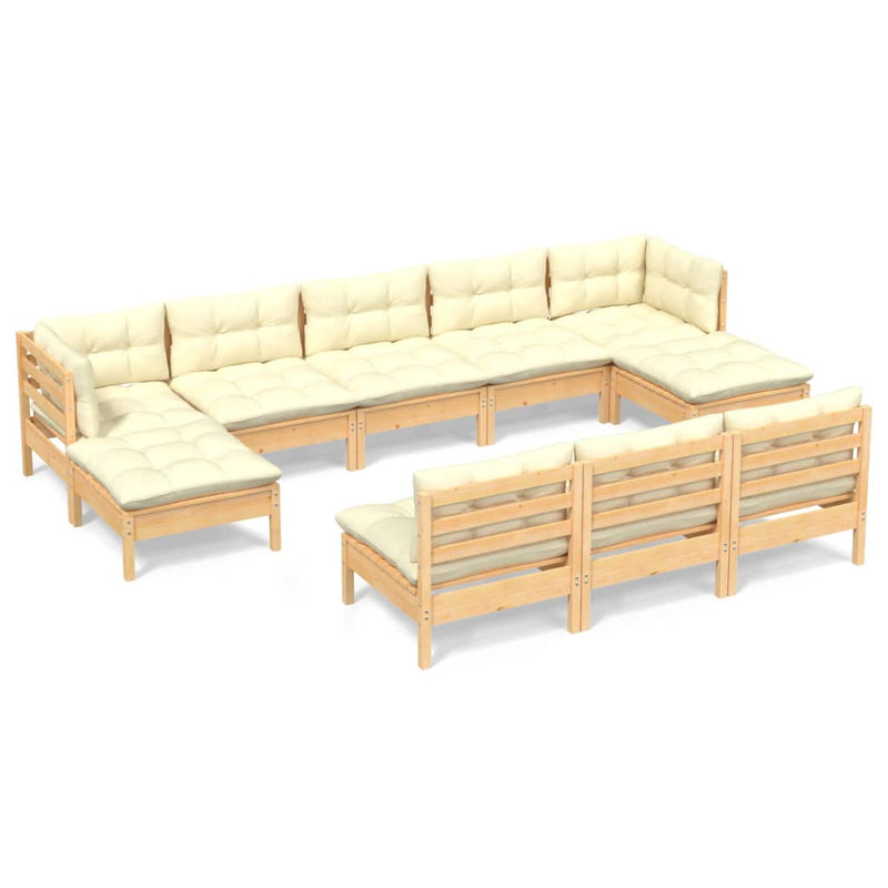 10 Piece Garden Lounge Set with Cream Cushions Pinewood