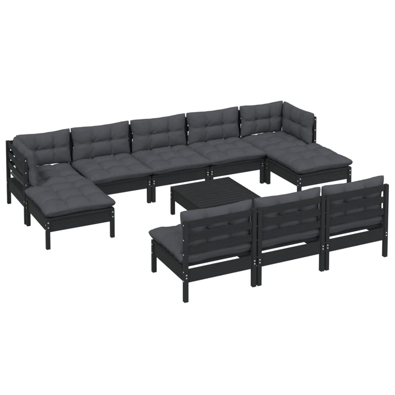 11 Piece Garden Lounge Set with Cushions Black Pinewood