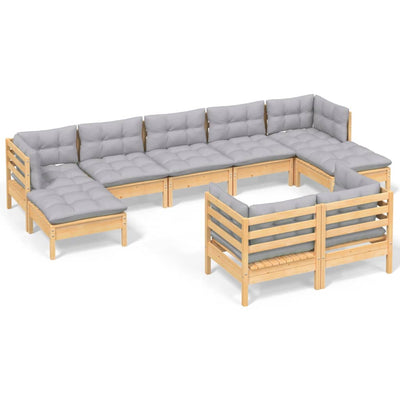 9 Piece Garden Lounge Set with Grey Cushions Solid Pinewood