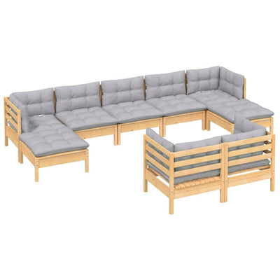 9 Piece Garden Lounge Set with Grey Cushions Solid Pinewood