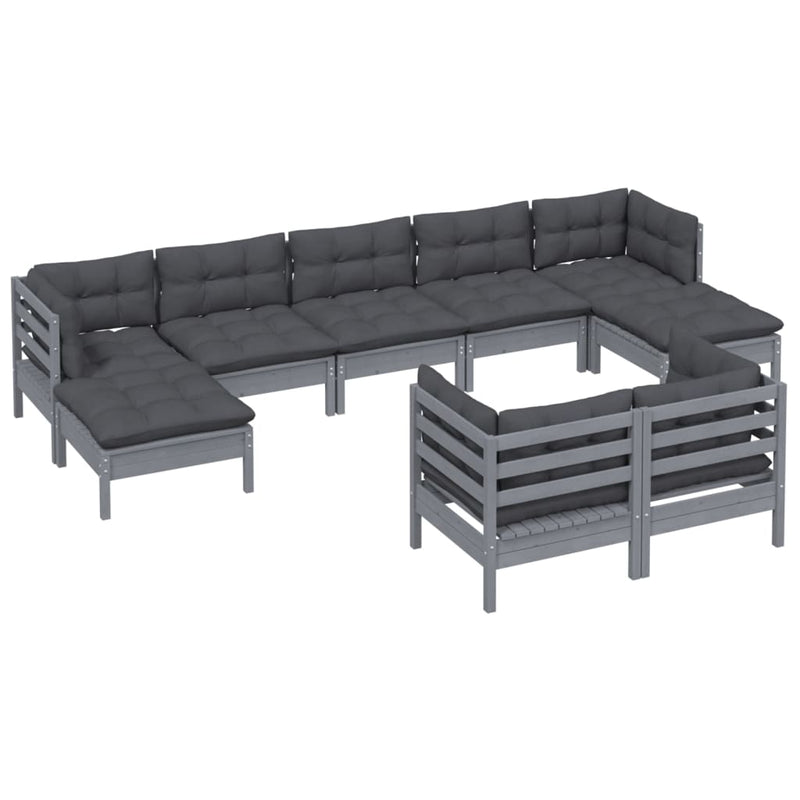 9 Piece Garden Lounge Set with Cushions Grey Solid Pinewood