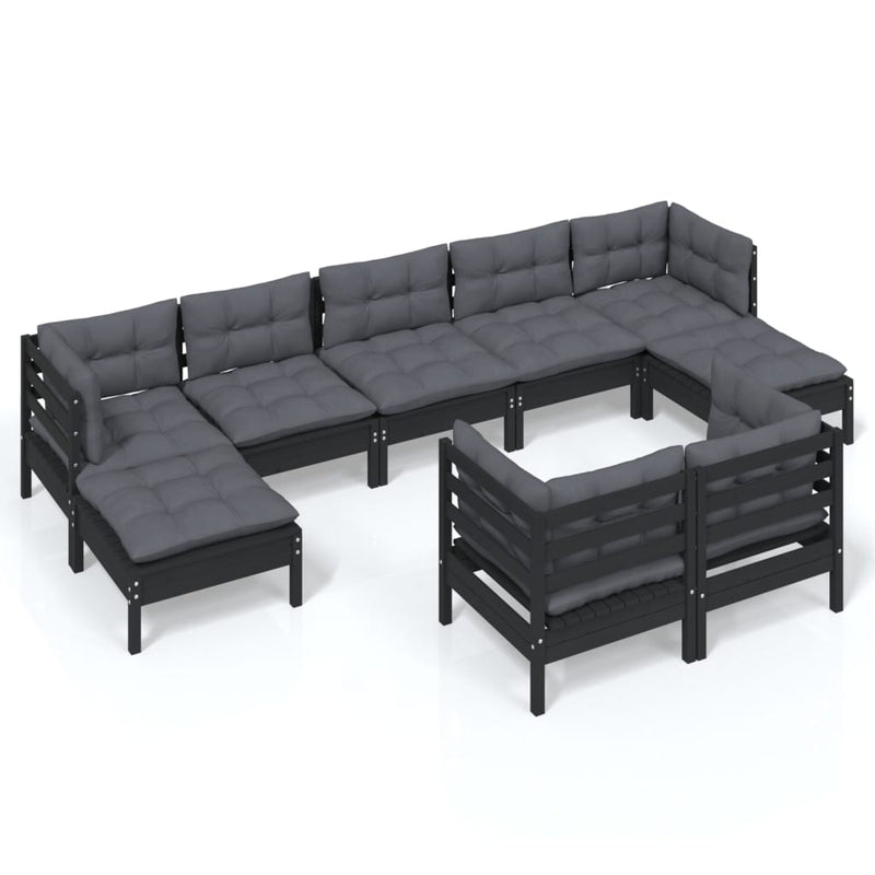 9 Piece Garden Lounge Set with Cushions Black Solid Pinewood