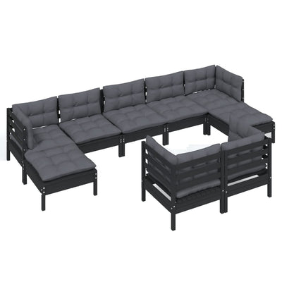 9 Piece Garden Lounge Set with Cushions Black Solid Pinewood