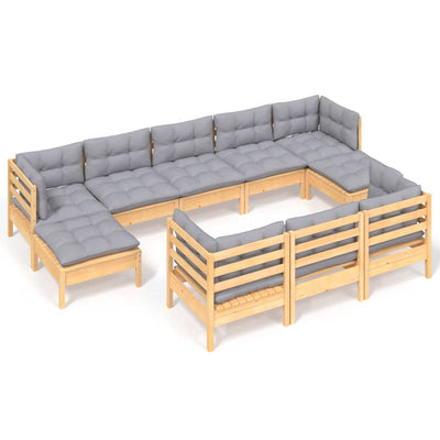 10 Piece Garden Lounge Set with Grey Cushions Solid Pinewood