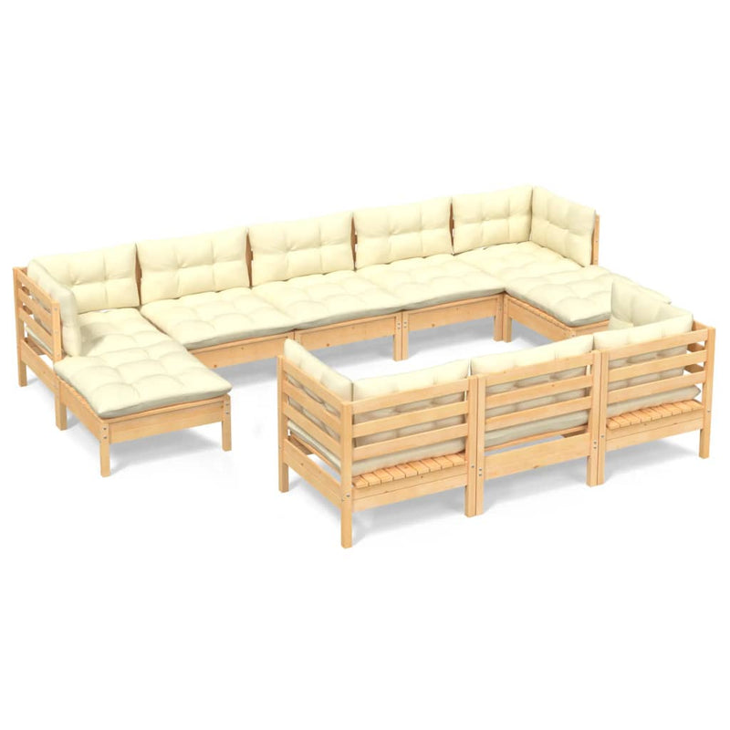 10 Piece Garden Lounge Set with Cream Cushions Solid Pinewood