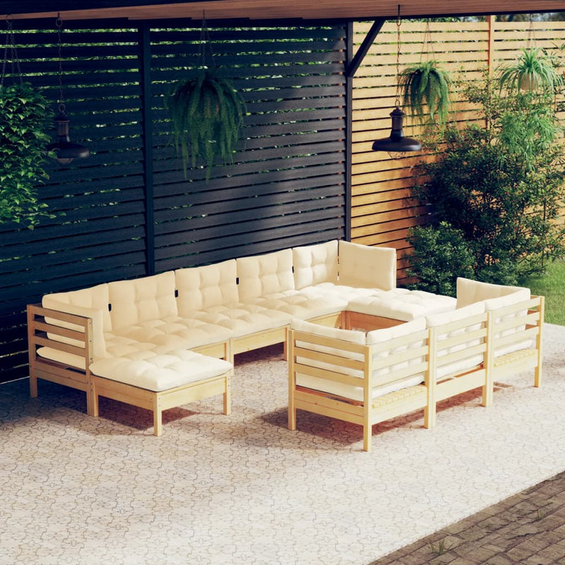 10 Piece Garden Lounge Set with Cream Cushions Solid Pinewood