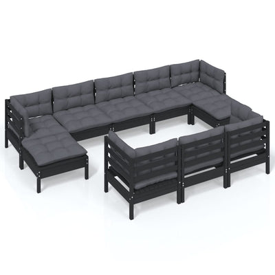 10 Piece Garden Lounge Set with Cushions Black Solid Pinewood