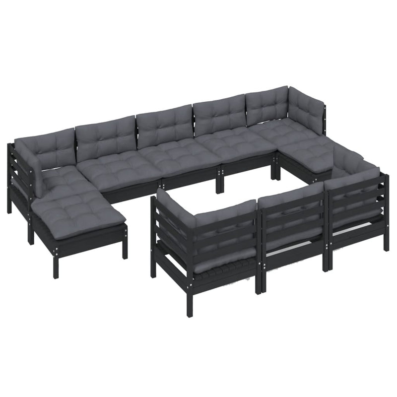 10 Piece Garden Lounge Set with Cushions Black Solid Pinewood