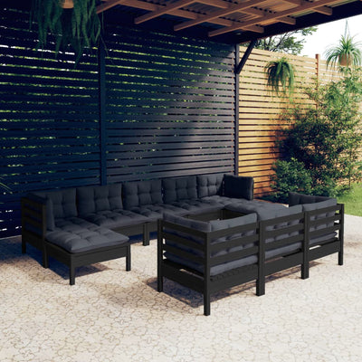 10 Piece Garden Lounge Set with Cushions Black Solid Pinewood