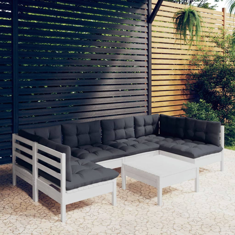 7 Piece Garden Lounge Set with Cushions White Solid Pinewood