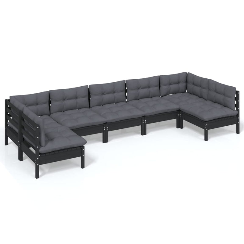 7 Piece Garden Lounge Set with Cushions Black Solid Pinewood