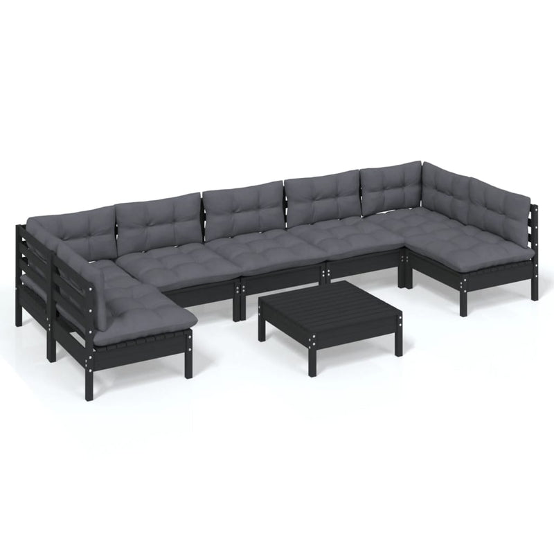 8 Piece Garden Lounge Set with Cushions Black Solid Pinewood