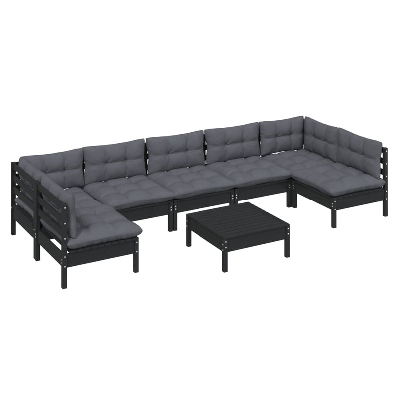 8 Piece Garden Lounge Set with Cushions Black Solid Pinewood