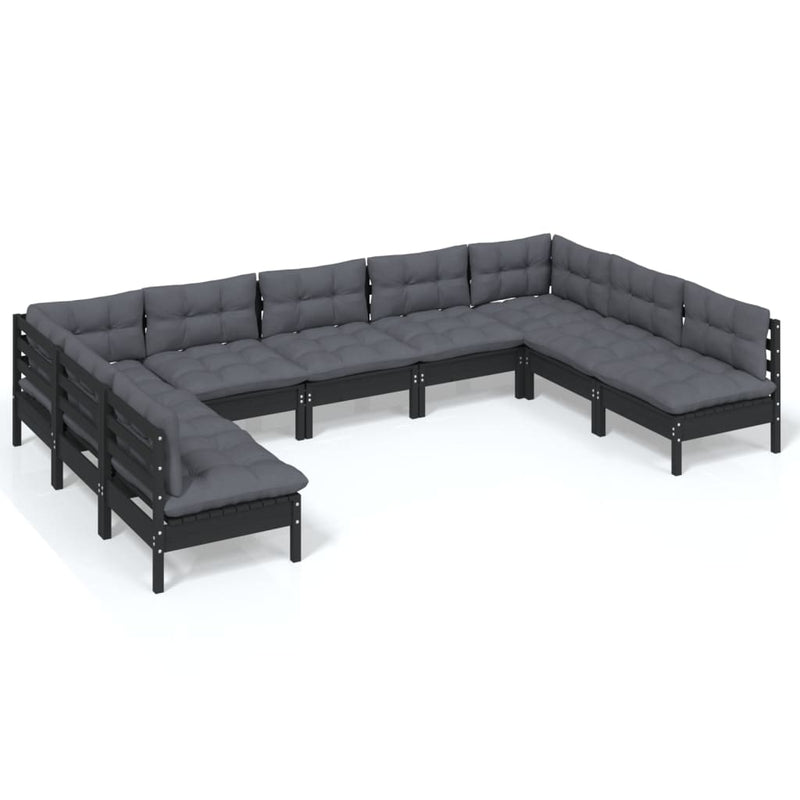 9 Piece Garden Lounge Set with Cushions Black Solid Pinewood