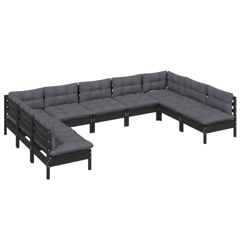 9 Piece Garden Lounge Set with Cushions Black Solid Pinewood