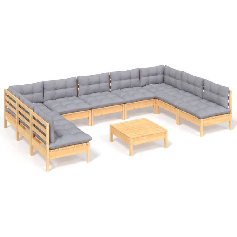 10 Piece Garden Lounge Set with Grey Cushions Solid Pinewood