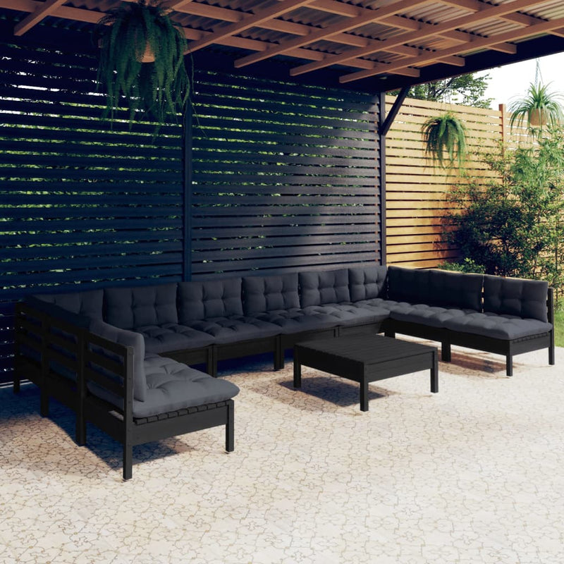 11 Piece Garden Lounge Set with Cushions Black Solid Pinewood