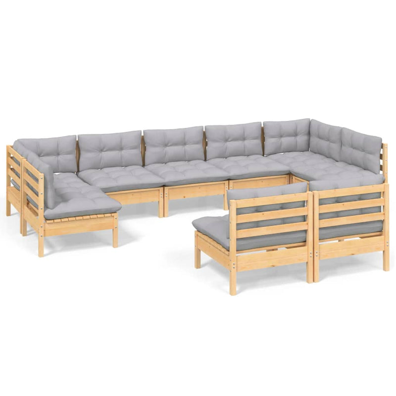 9 Piece Garden Lounge Set with Grey Cushions Solid Pinewood