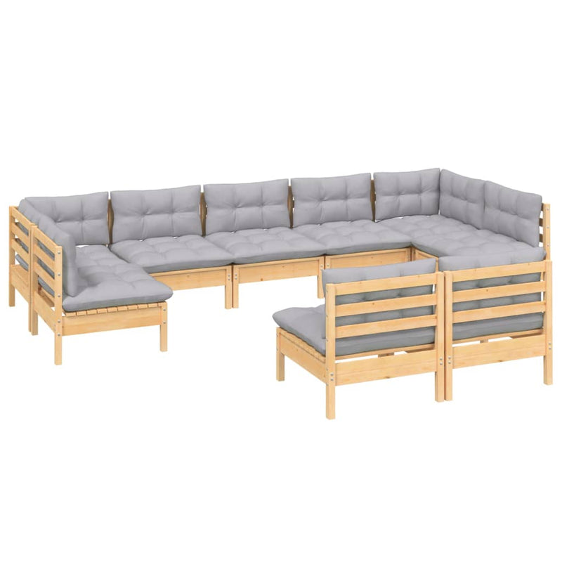 9 Piece Garden Lounge Set with Grey Cushions Solid Pinewood