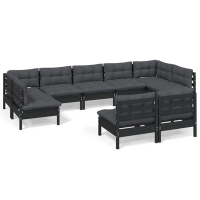 9 Piece Garden Lounge Set with Cushions Black Solid Pinewood