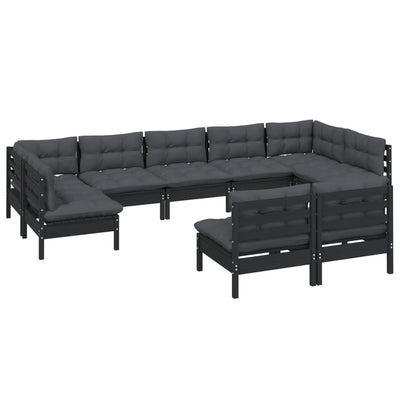 9 Piece Garden Lounge Set with Cushions Black Solid Pinewood