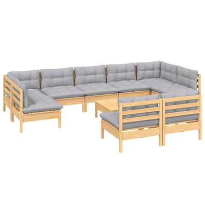 10 Piece Garden Lounge Set with Grey Cushions Solid Pinewood