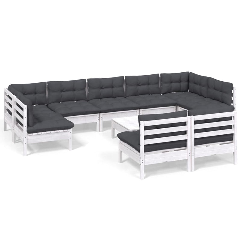 10 Piece Garden Lounge Set with Cushions White Solid Pinewood