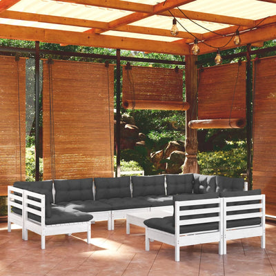 10 Piece Garden Lounge Set with Cushions White Solid Pinewood