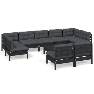 10 Piece Garden Lounge Set with Cushions Black Solid Pinewood