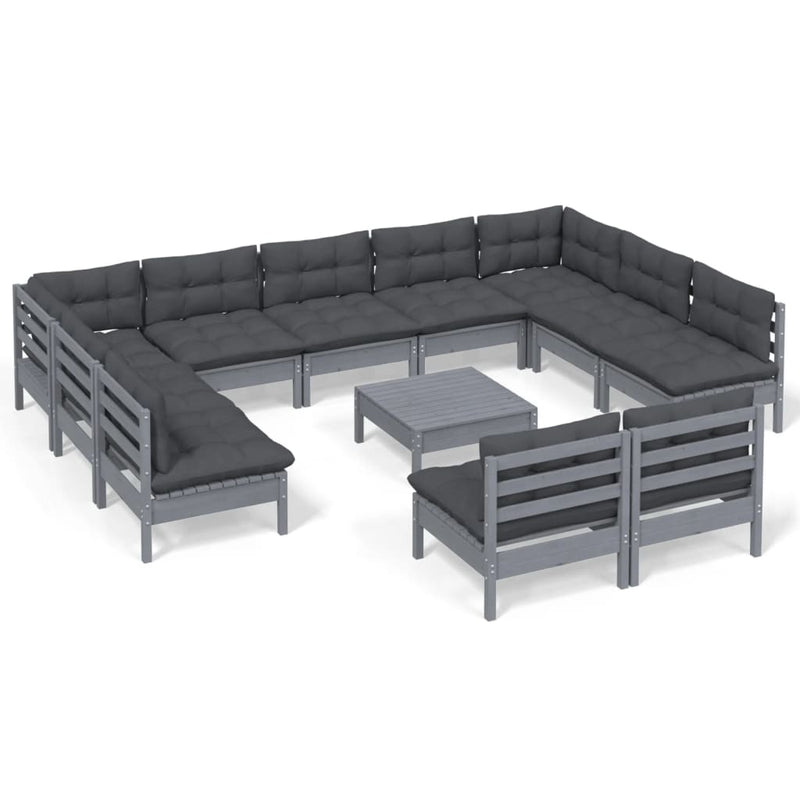 12 Piece Garden Lounge Set with Cushions Grey Solid Pinewood