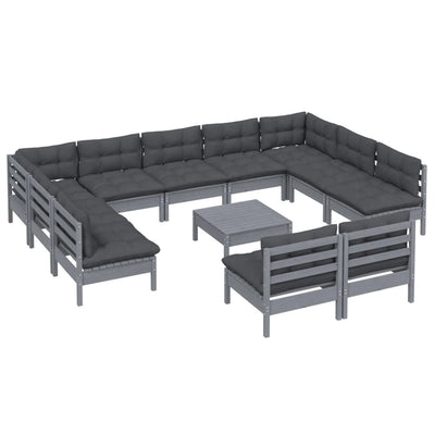 12 Piece Garden Lounge Set with Cushions Grey Solid Pinewood