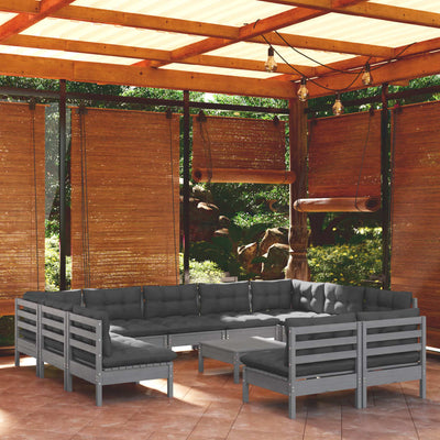 12 Piece Garden Lounge Set with Cushions Grey Solid Pinewood