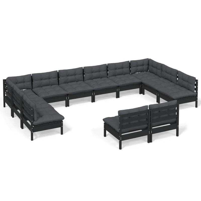 12 Piece Garden Lounge Set with Cushions Black Solid Pinewood