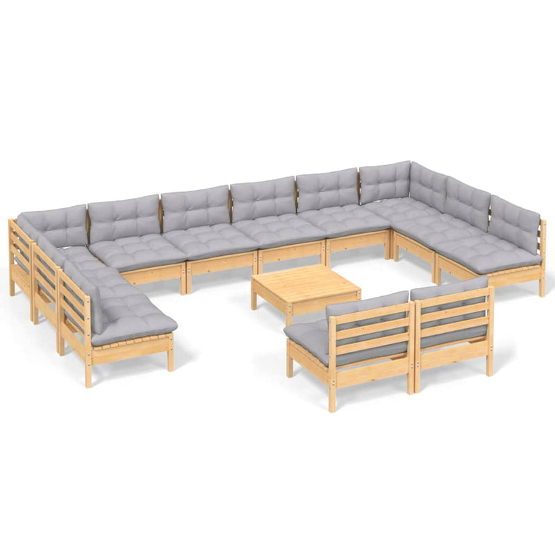 13 Piece Garden Lounge Set with Grey Cushions Solid Pinewood