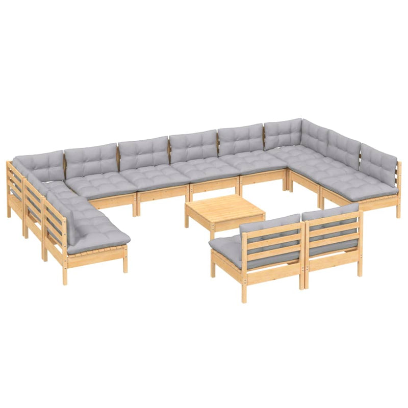 13 Piece Garden Lounge Set with Grey Cushions Solid Pinewood