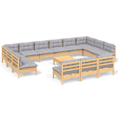 14 Piece Garden Lounge Set with Grey Cushions Solid Pinewood